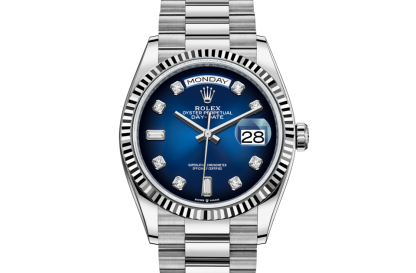 pas cher Rolex Day-Date 36 Oyster 36 mm or blanc Cadran bleu ombre M128239-0023